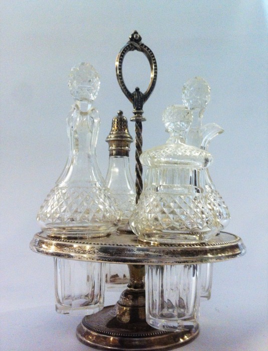 Antique Condiment Set Silver & Crystal 