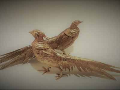 Pheasants Pair Gilt Bronze