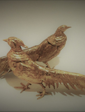 Pheasants Pair Gilt Bronze