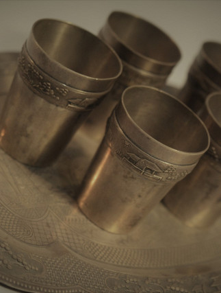 Silver Tray and 5 Cups